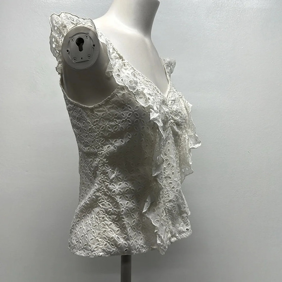 Joie Tank Top Blouse Lace Eyelet Sleeveless Floral V-Neck Ruffle Trim White 2 - Picture 3 of 12